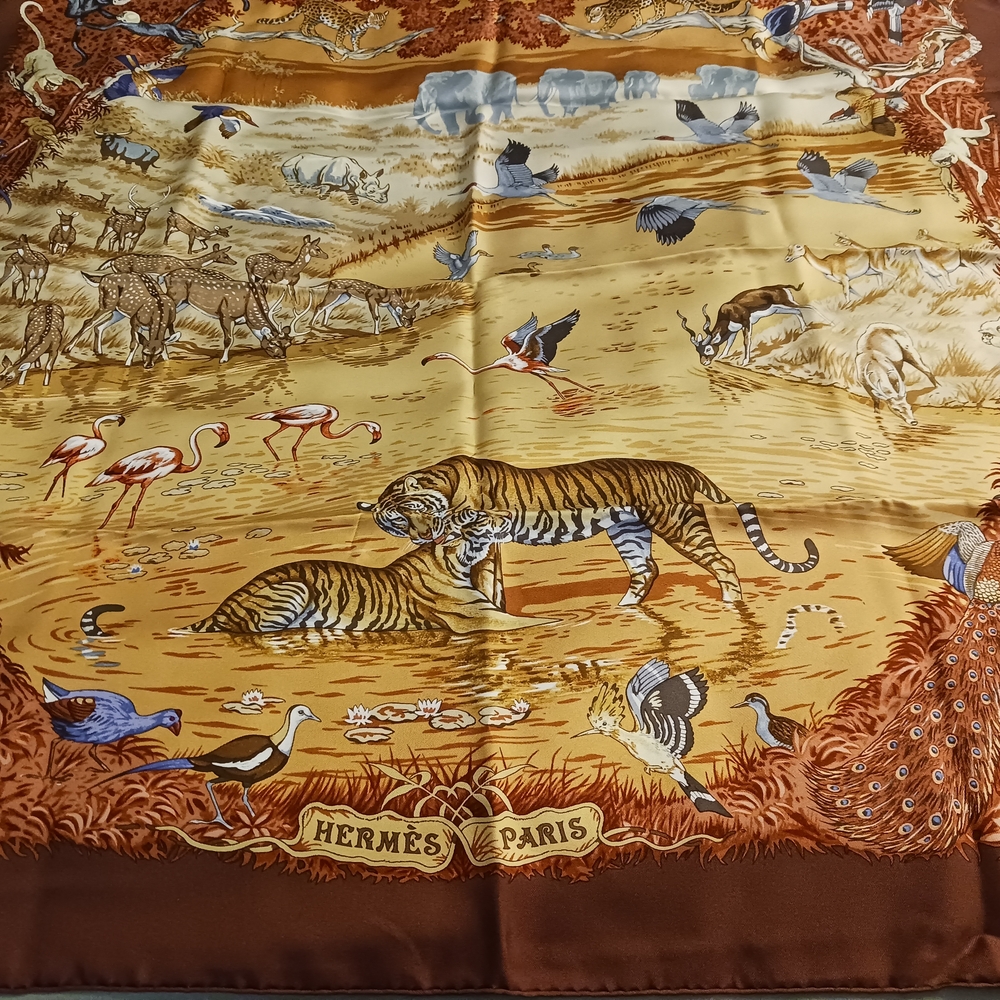 Hermes Brown and Gold Wildlife Scarf